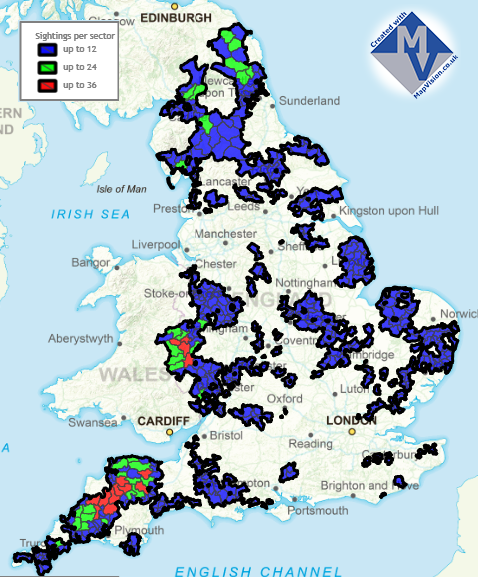 Map showing a distribution of otter sightings across England from 1977 to 2001.